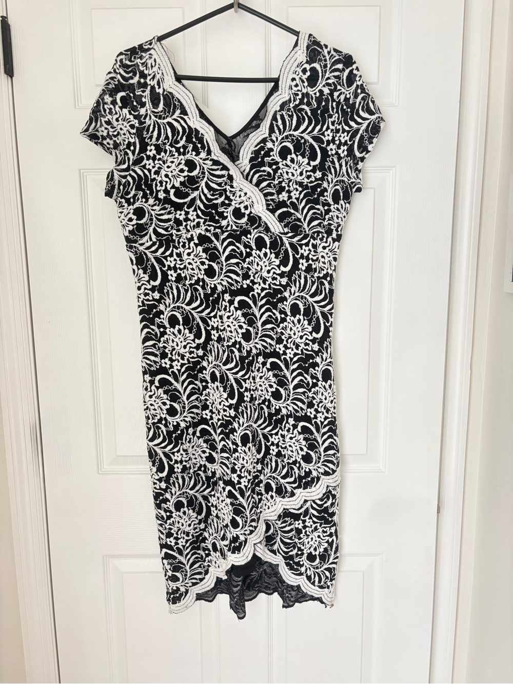 Onyx Nite Black and White Lace Wrap-Style Sheath Dress